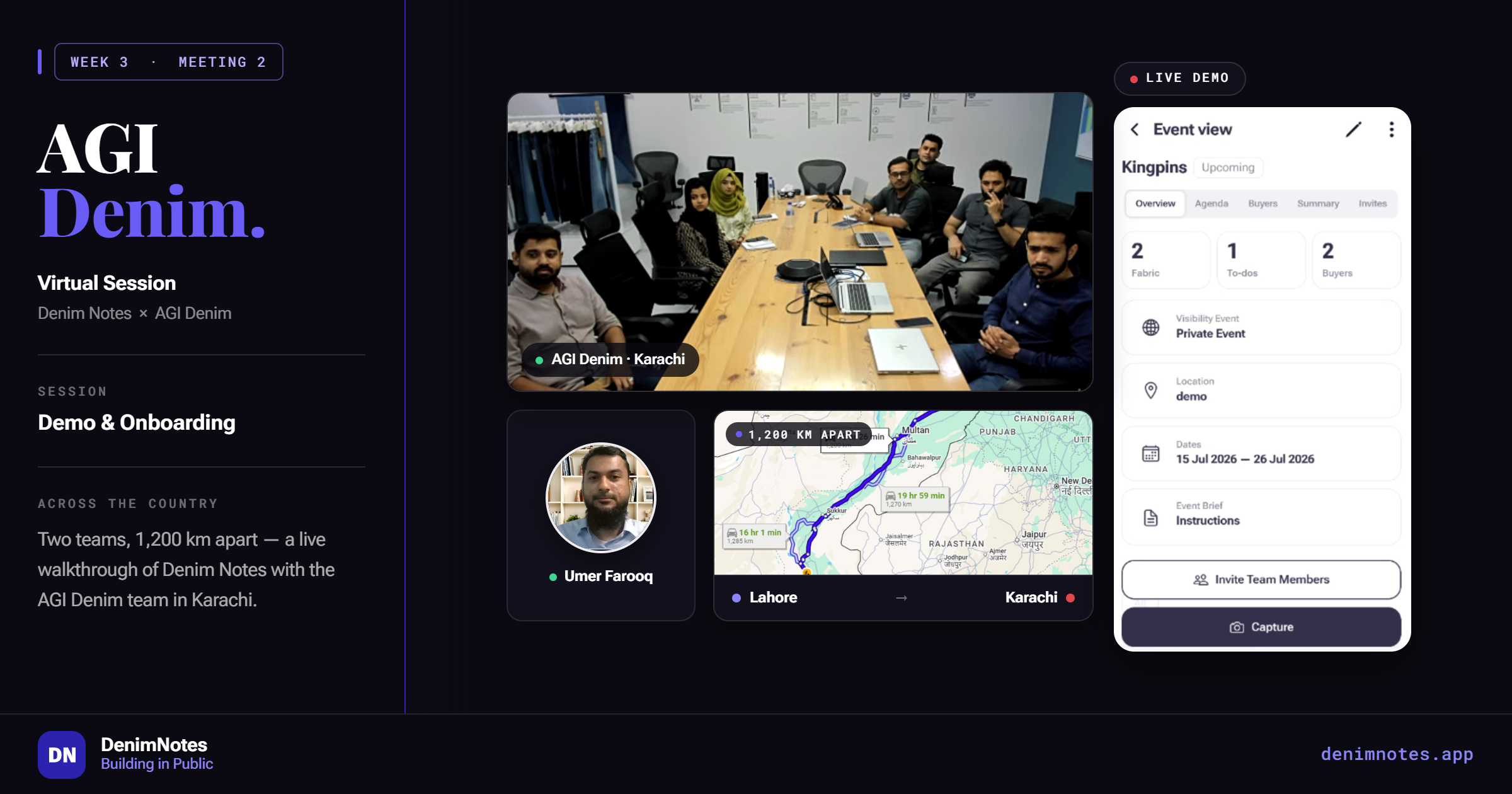 DenimNotes Week 3 Meeting 2 — virtual onboarding with AGI Denim, Karachi. Two teams, 1,200 km apart. Umer Farooq Qureshi in Lahore, AGI Denim team in their Karachi boardroom. Building in Public.